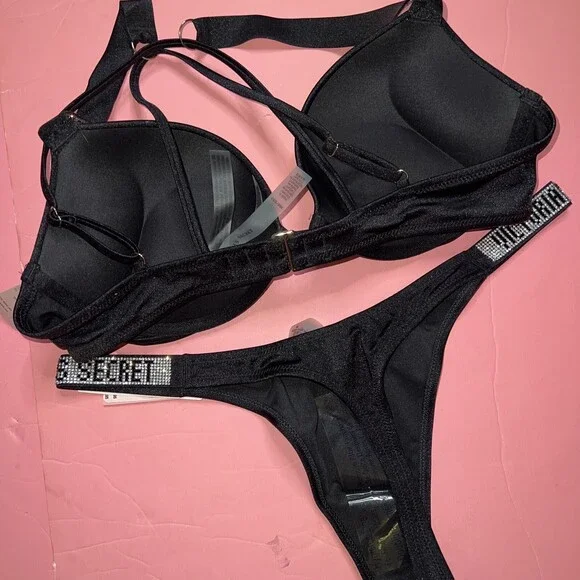 Victoria's Secret 34B,34C,34D,36B,36C,36D BOMBSHELL BIKINI S,M thong BLACK SHINE - Picture 3 of 3
